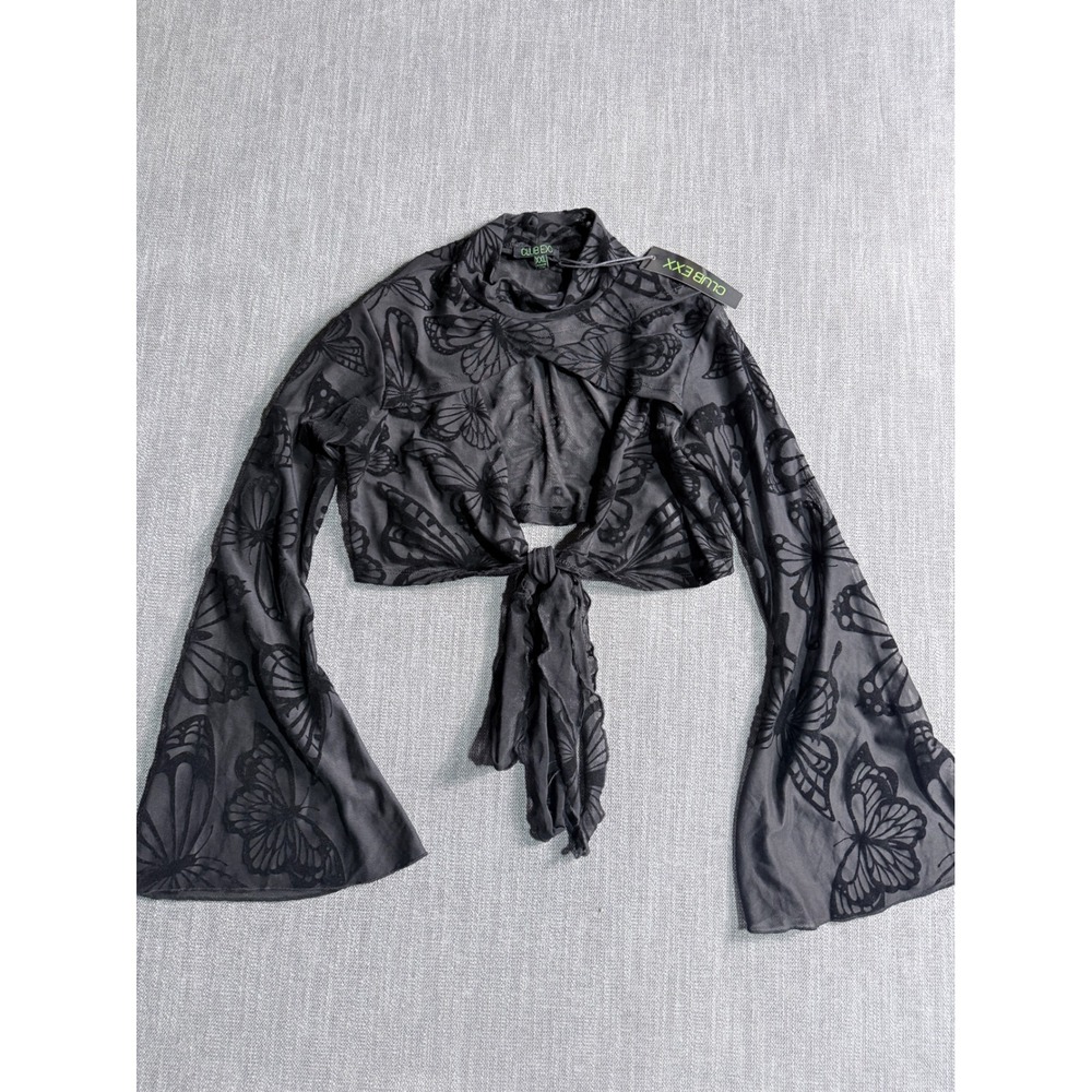 Club Exx Dolls Kill Black Butterfly Mesh Crop Top Bell Sleeve XXL